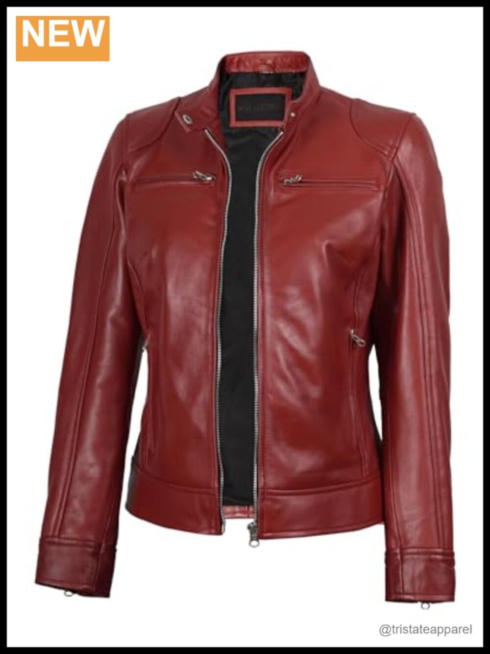 Real Lambskin Leather Moto Cafe Racer Jacket Womens Zip